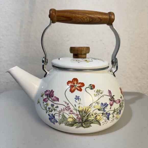 VTG Enamel White Stovetop Tea Pot Kettle Wood Handle Flowers Cottage Garden - Picture 1 of 8